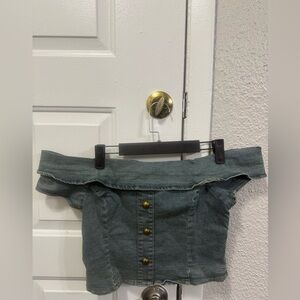 Off-Shoulder Denim Top with Gold Buttons